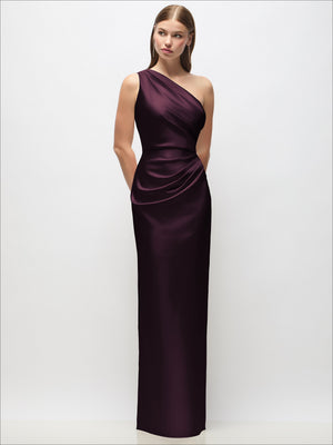 Plum one-shoulder draped satin column maxi dress with gathered wrap bodice