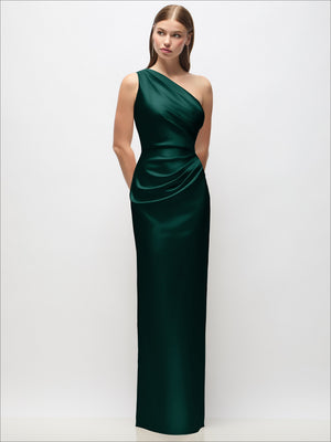 Evergreen green one-shoulder draped satin column maxi dress with smooth wrap bodice