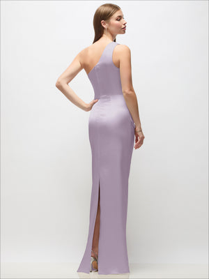One-shoulder draped satin column maxi dress in lilac, back view, side slit