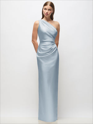 One-shoulder draped satin column maxi dress, pale sky blue