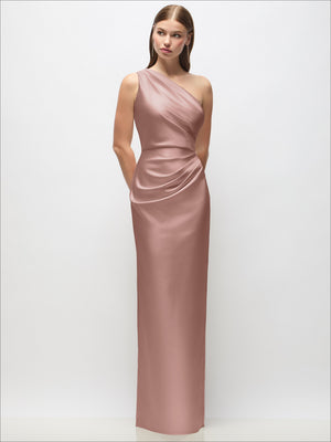 Blush pink one-shoulder draped satin column maxi dress with twisted neckline