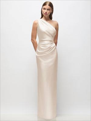 One-shoulder draped satin column maxi dress in champagne white, cowl bodice, side slit