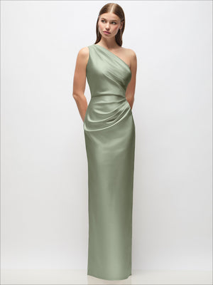 One-shoulder draped satin column maxi dress, light sage green
