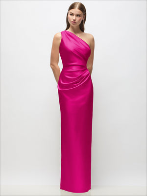 Hot pink one-shoulder draped satin column maxi dress with gathered wrap bodice