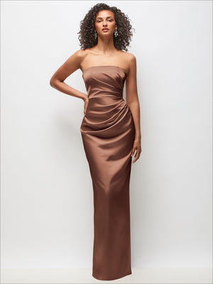 Chocolate brown strapless satin column maxi dress with draped, ruched bodice