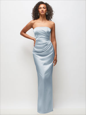 Light blue strapless satin column maxi dress with ruched draped bodice and fitted skirt