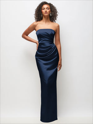 Strapless draped satin column maxi dress in cobalt blue with gathered bodice