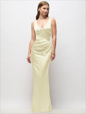 Sleeveless draped wrap satin maxi dress, butter yellow