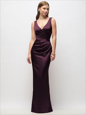 Sleeveless draped wrap satin maxi dress, dark plum with ruched drape V-neck