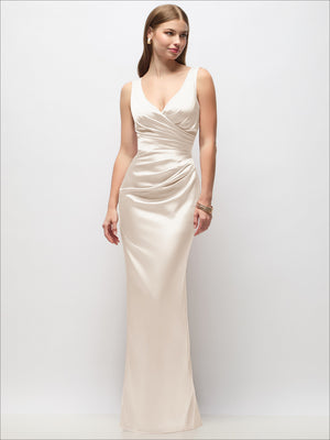 Sleeveless draped wrap satin column maxi dress in champagne cream, ruched V-neck front.