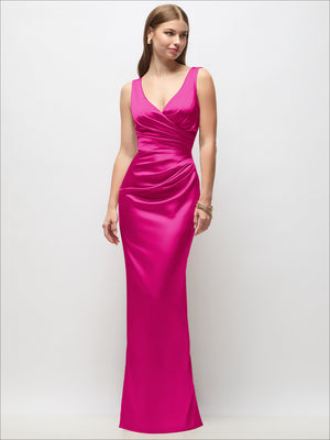 Sleeveless satin column maxi dress in bright fuchsia pink with draped wrap bodice and V-neck.