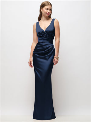 Sleeveless draped wrap satin maxi dress, deep navy satin with V-neck draped bodice