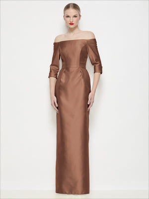 Off-the-shoulder satin column maxi dress, cocoa brown, 3/4 sleeves and straight hem