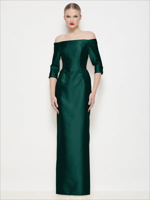 Dark green satin off-shoulder column maxi dress with 3/4 sleeves and front slit