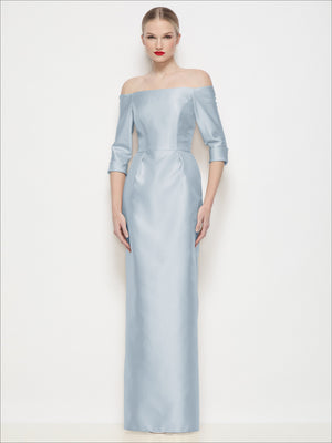 Light blue off-the-shoulder satin column maxi dress with straight neckline and 3/4 sleeves