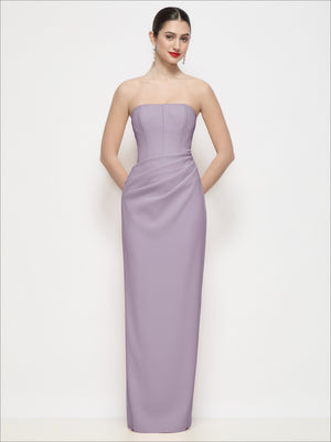 Lavender strapless corset maxi dress with fitted bodice and straight column skirt