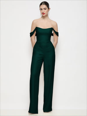Off-the-shoulder crepe formal jumpsuit in dark green, straight neckline and wide pants