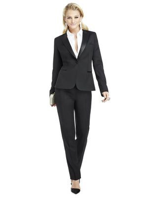 Black tuxedo jacket with satin notch lapels and single-breasted front