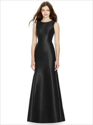Satin bridesmaid dress with sleeveless fit-and-flare silhouette, scoop neckline, black color