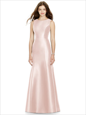 Blush pink satin bridesmaid dress, sleeveless fitted bodice, scoop neck, A-line skirt