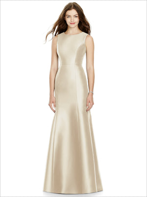 Champagne satin bridesmaid dress, sleeveless fitted bodice, scoop neck, A-line skirt