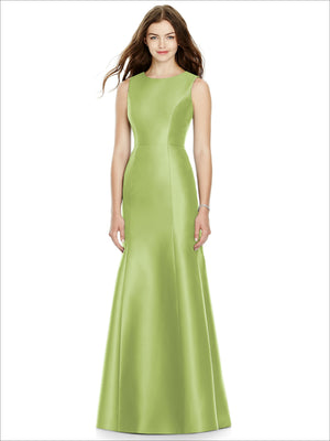 Sleeveless satin bridesmaid dress in light chartreuse green, scoop neck, flared skirt