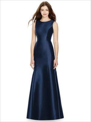 Bridesmaids dress BB106 in deep blue satin, sleeveless fitted bodice, full skirt