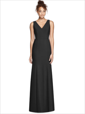 V-neck sleeveless bridesmaid dress in black, long column skirt