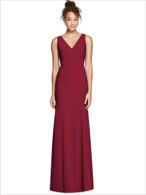 Sleeveless burgundy bridesmaid dress with V-neck front and floor-length skirt