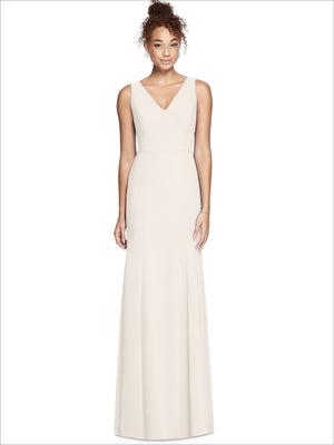V-neck sleeveless bridesmaid dress in ivory, fitted bodice, long column skirt