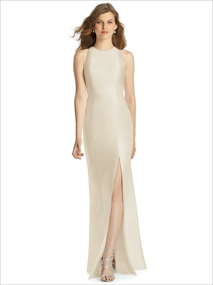 Ivory sleeveless bridesmaid dress with high neckline and thigh-high slit long skirt
