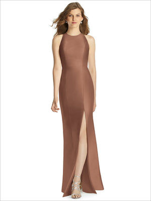 Sleeveless bridesmaid dress in dark mauve satin with high neckline and front slit