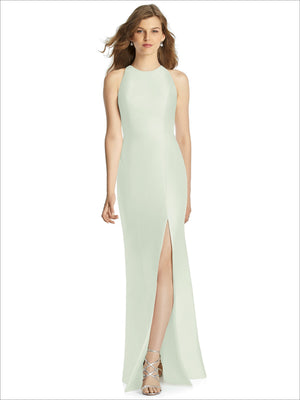 Light mint green sleeveless bridesmaid dress with high neckline and side slit