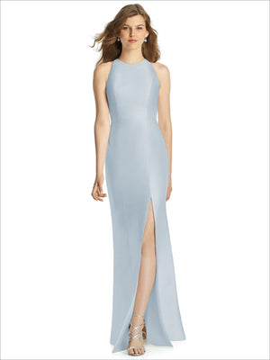 Bridesmaid dress in light blue, sleeveless high neck, front slit, floor-length