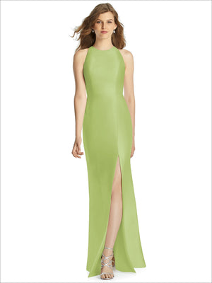 Bella bridesmaid dress BB121 in lime green, sleeveless high neck with front slit