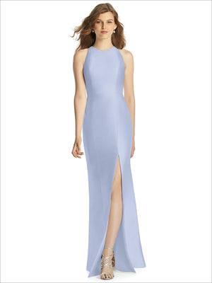 Periwinkle blue sleeveless bridesmaid dress with high neckline and side slit