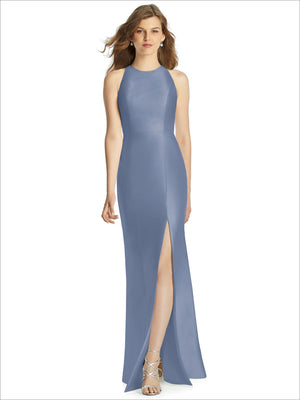 Periwinkle blue satin halter bridesmaid dress with high neckline and front thigh slit