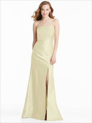 Butter yellow strapless satin bridesmaid dress with front slit