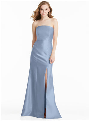 Powder blue strapless mermaid bridesmaid dress with fitted bodice and front slit