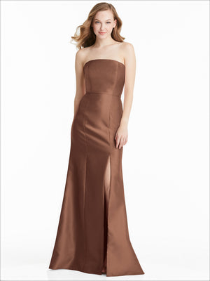 Strapless bridesmaid dress in chocolate satin with front slit, sleeveless straight neckline