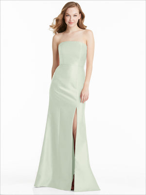 Light mint green strapless mermaid bridesmaid dress with fitted bodice and front slit