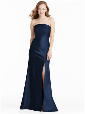 Navy strapless bridesmaid dress with fitted bodice and front thigh slit, satin finish
