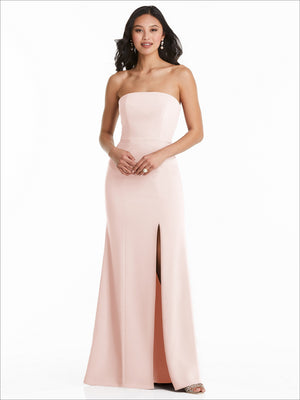Blush strapless bridesmaid dress with floor-length column silhouette and front slit