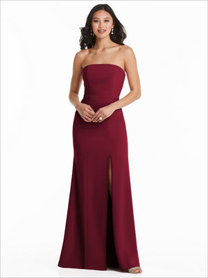 Burgundy strapless bridesmaids dress with front slit and floor-length skirt