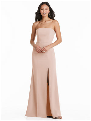 Light pink strapless maxi bridesmaid dress with fitted bodice and side slit