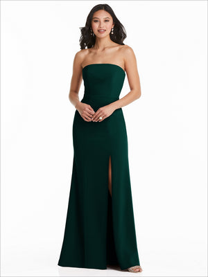 Dark green strapless mermaid bridesmaid dress with front slit and long hem