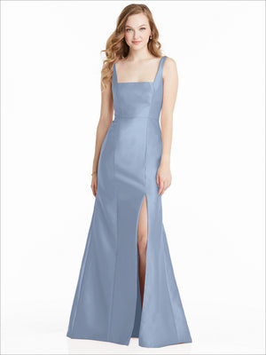 Light blue satin bridesmaid dress, front view, square neckline, sleeveless, front slit detail