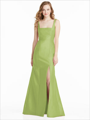 Lime green sleeveless square-neck bridesmaid dress with front slit, long flared skirt