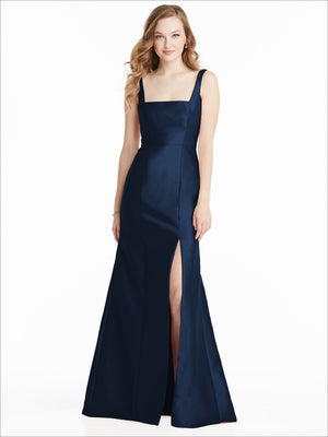 Sleeveless bridesmaid dress in dark navy blue, square neckline with front slit and mermaid skirt