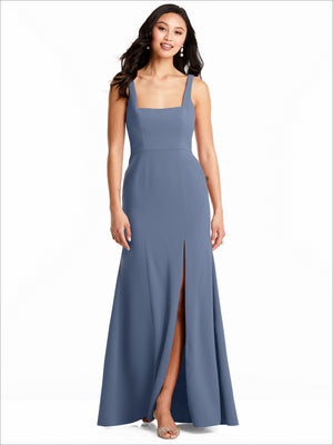 Sleeveless bridesmaid dress in dusty blue, square neckline, front thigh slit